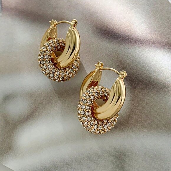 Yellow Gold Women's Gold Color Zinc Alloy Full Diamond Inlaid Hoop Earrings - Picture 4 of 5